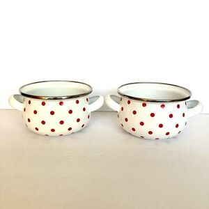 Vtg Ginnys Enamel Bowl Set of 2 Crocks White Red Polka Dot